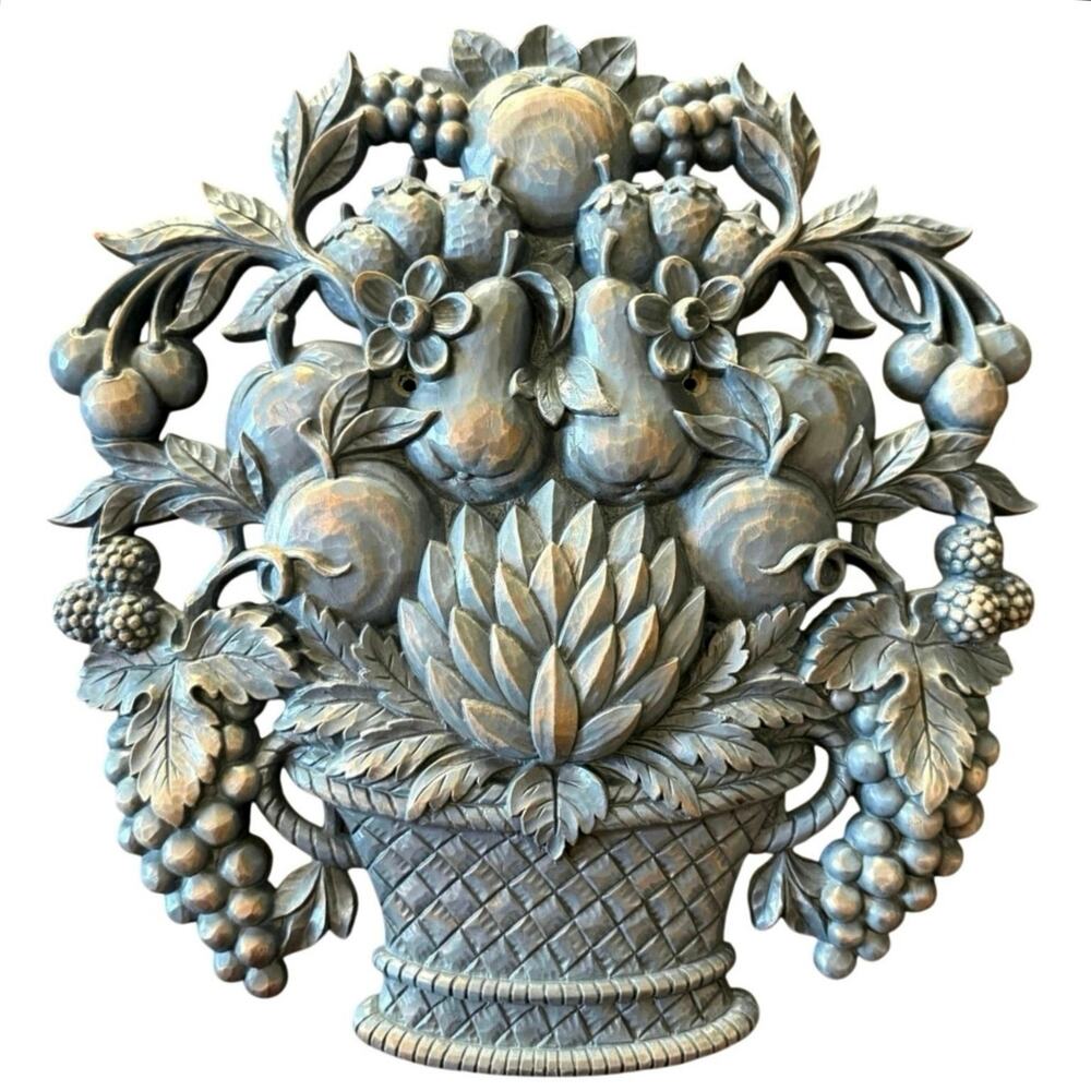VTG 1966 Blue-Gold Syroco Fruit Basket Wall Plaque Mid Century Hollywood Regency